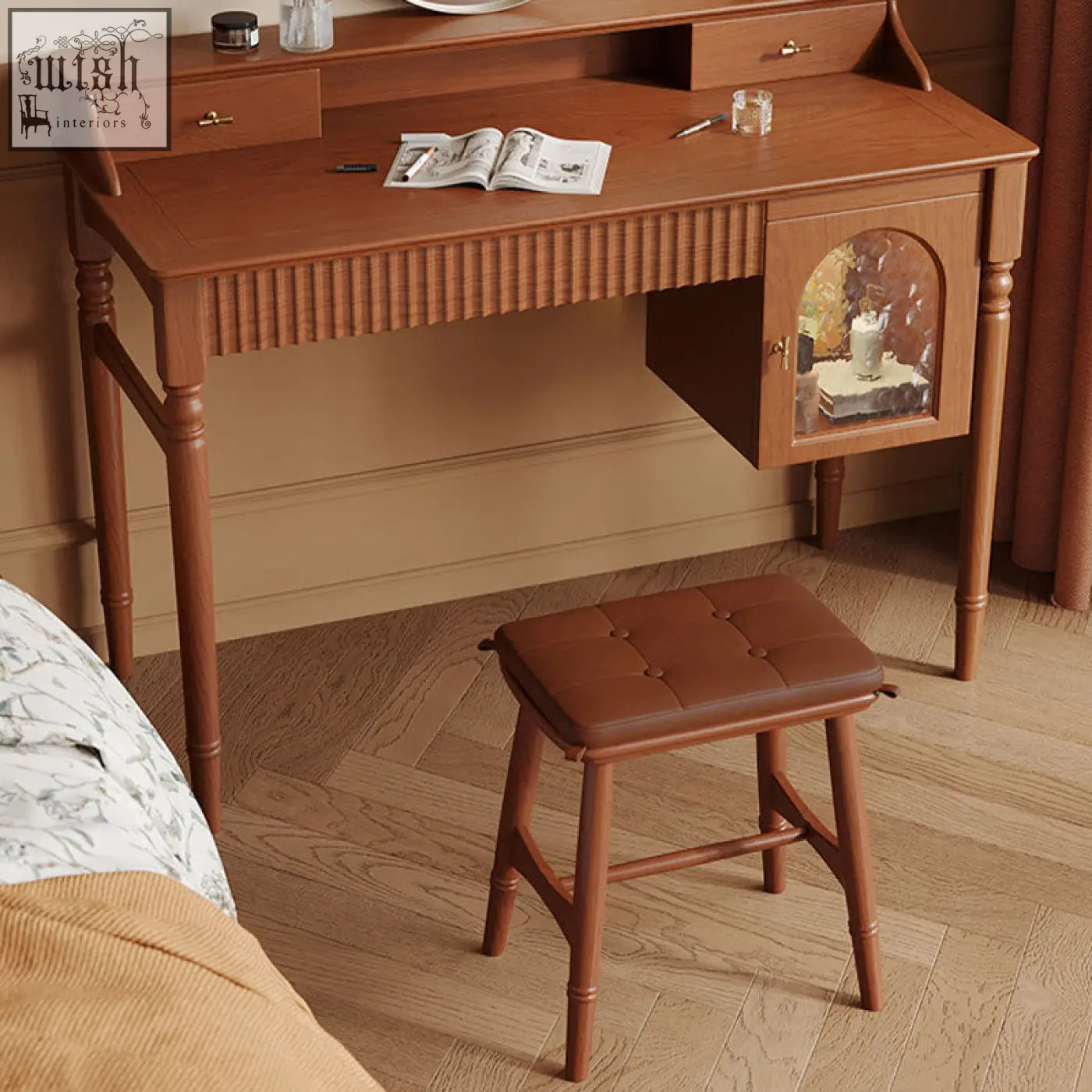 Brown cherry wood ryan dressing table with tufted leather stool for stylish bedroom vanity use