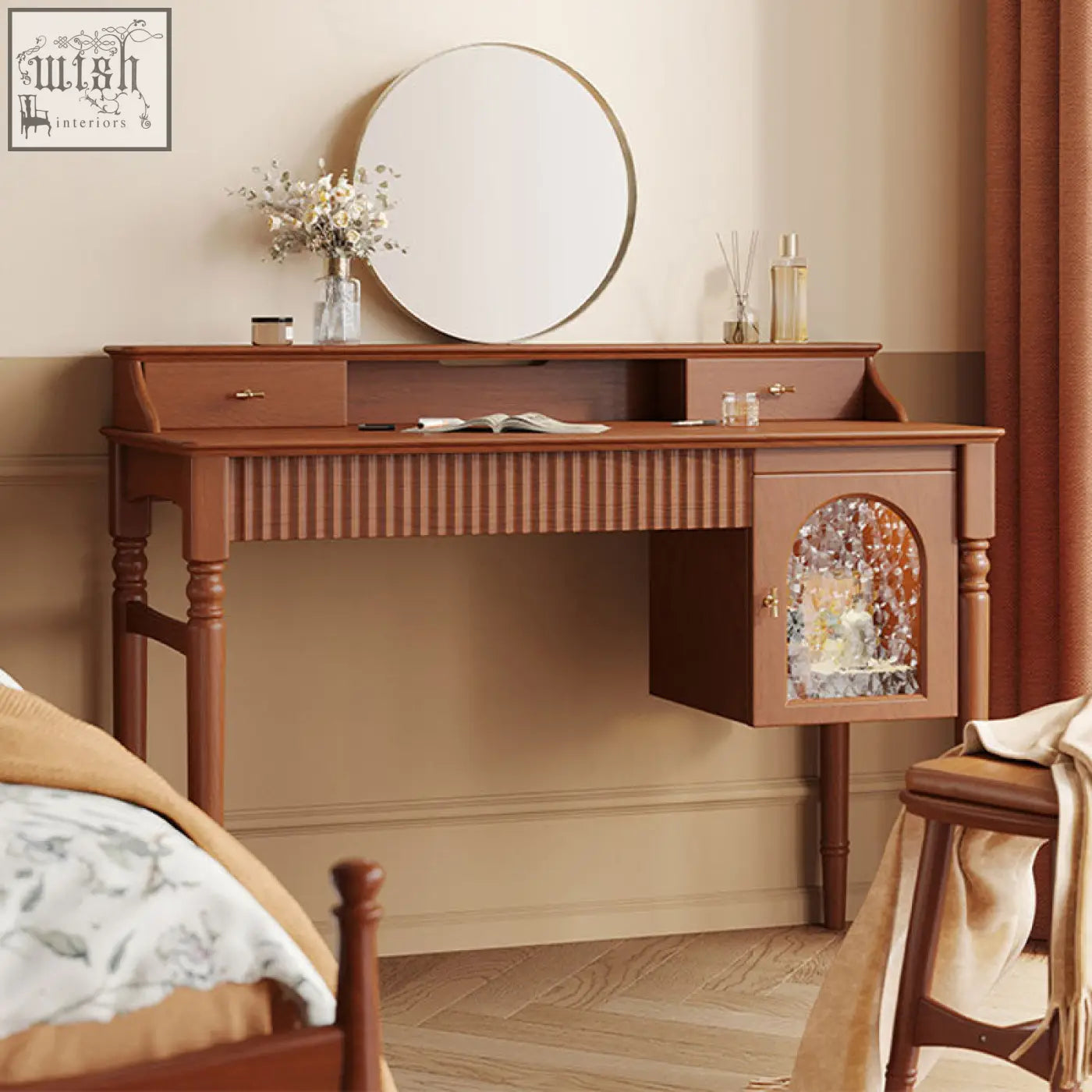 Warm brown cherry wood ryan dressing table with ribbed front panel and arched glass door side panel