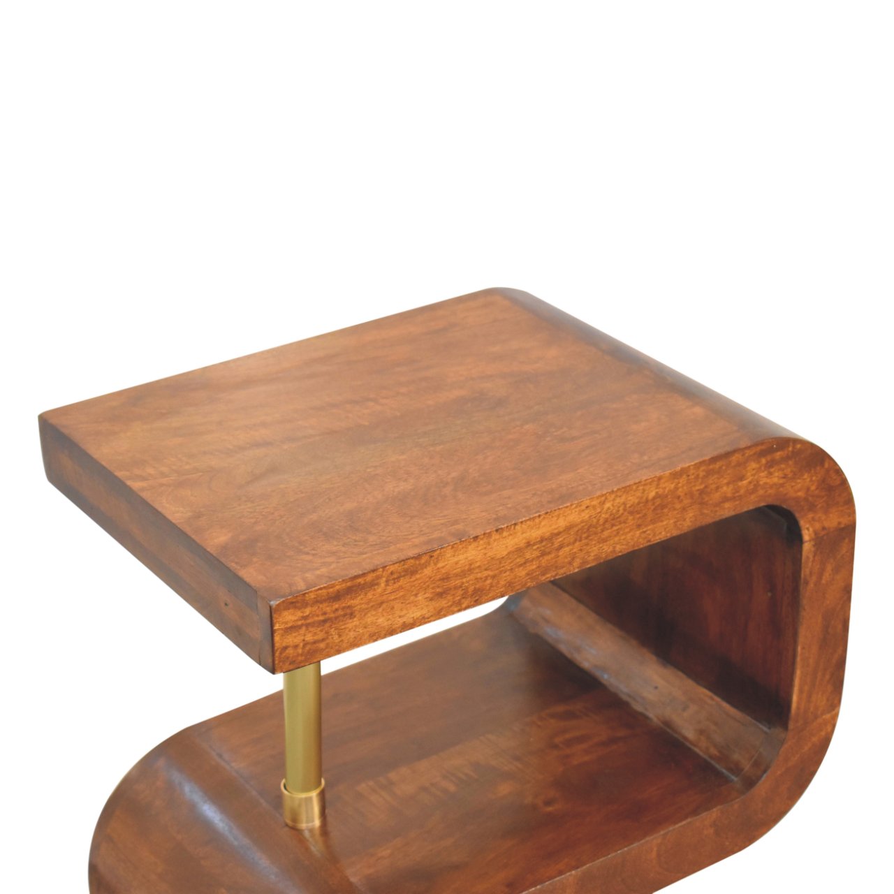 Curved walnut wood end table with brass leg and lower shelf in solid mango wood for stylish bedroom use