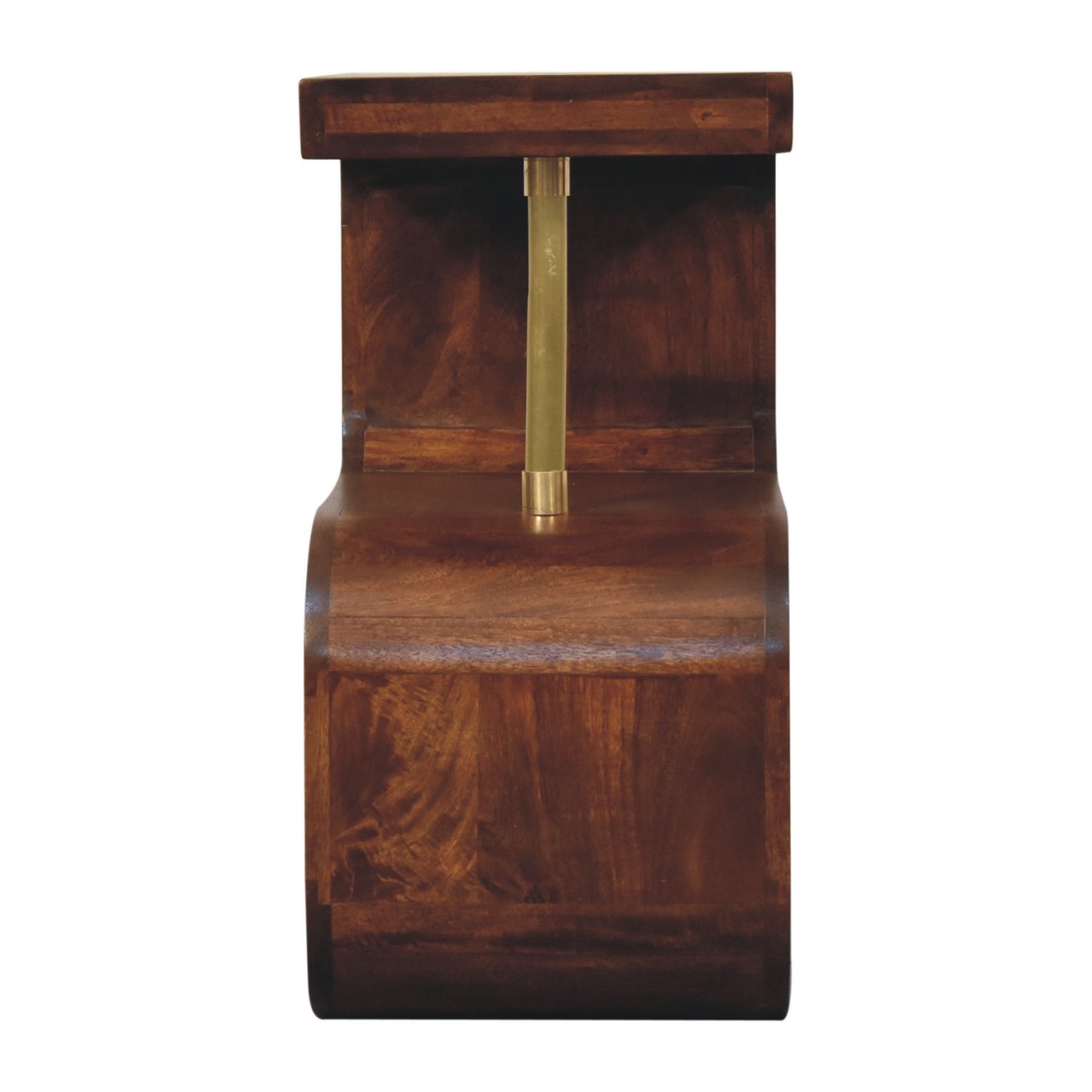Dark wood s curve bedside table with brass vertical handle made of solid mango wood for bedroom use