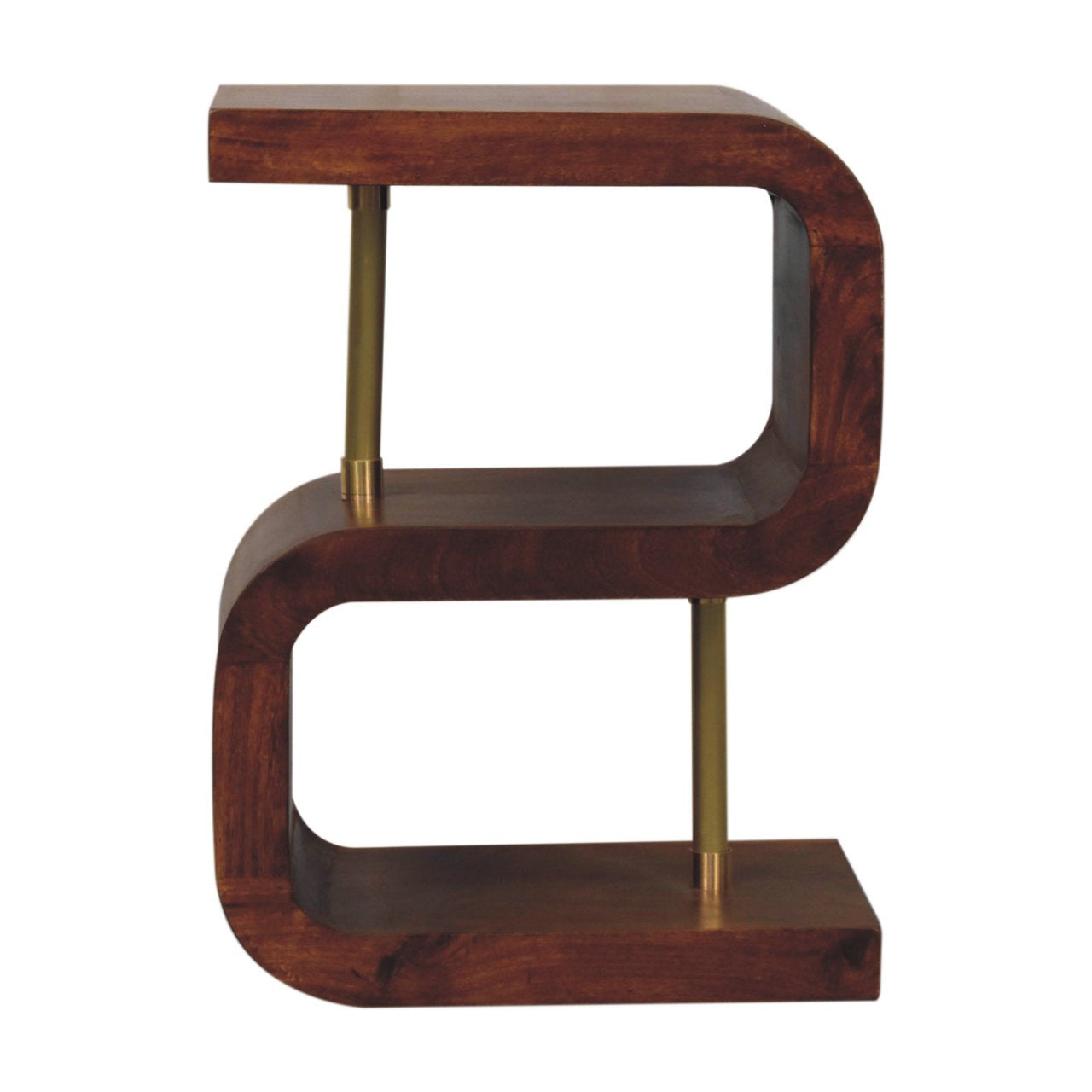 Modern s-shaped wooden shelf with brass supports made of solid mango wood in chestnut finish bedside table style