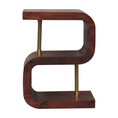 Modern s-shaped wooden shelf with brass supports made of solid mango wood in chestnut finish bedside table style