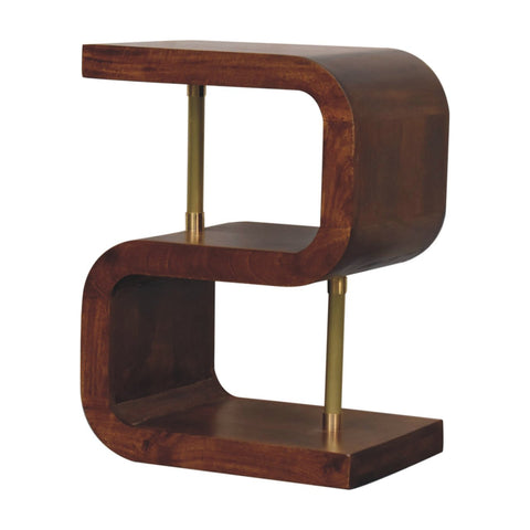 Modern s-curve brass bedside table in rich chestnut solid mango wood with dark wood and brass accents