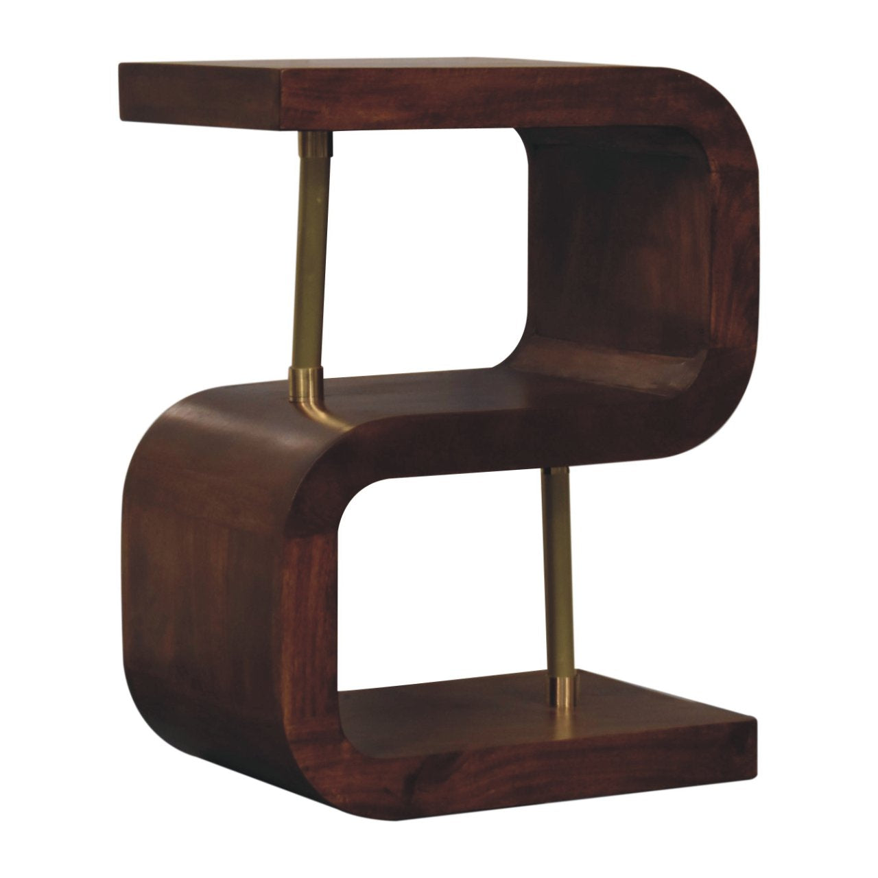 Modern s-shaped bedside table in chestnut solid mango wood with dark finish and brass accents for stylish storage