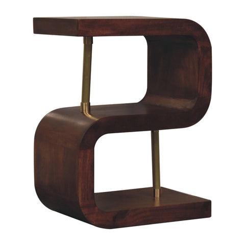 Modern s-shaped bedside table in chestnut solid mango wood with dark finish and brass accents for stylish storage