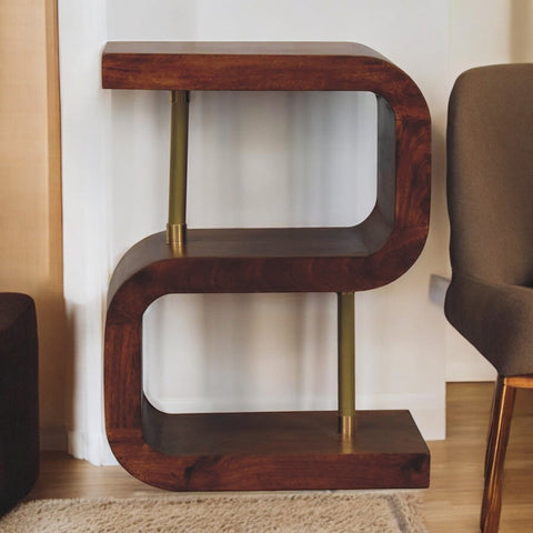 Modern s-curve brass bedside table with curved shelves and brass supports in chestnut solid mango wood