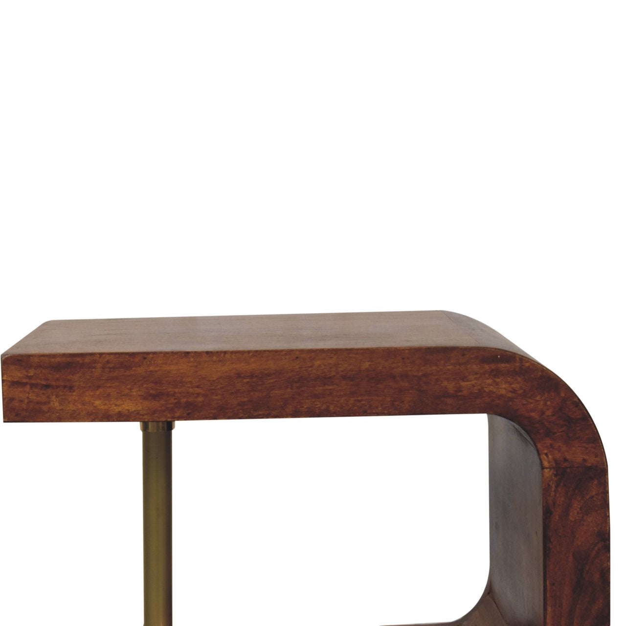 Sleek curved s-curve brass bedside table in chestnut solid mango wood with rich brown finish and brass legs
