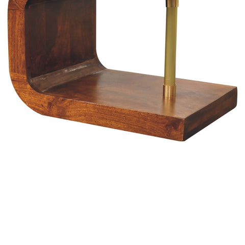 Sleek s-curve brass bedside table features a curved chestnut solid mango wood base with a polished brass column