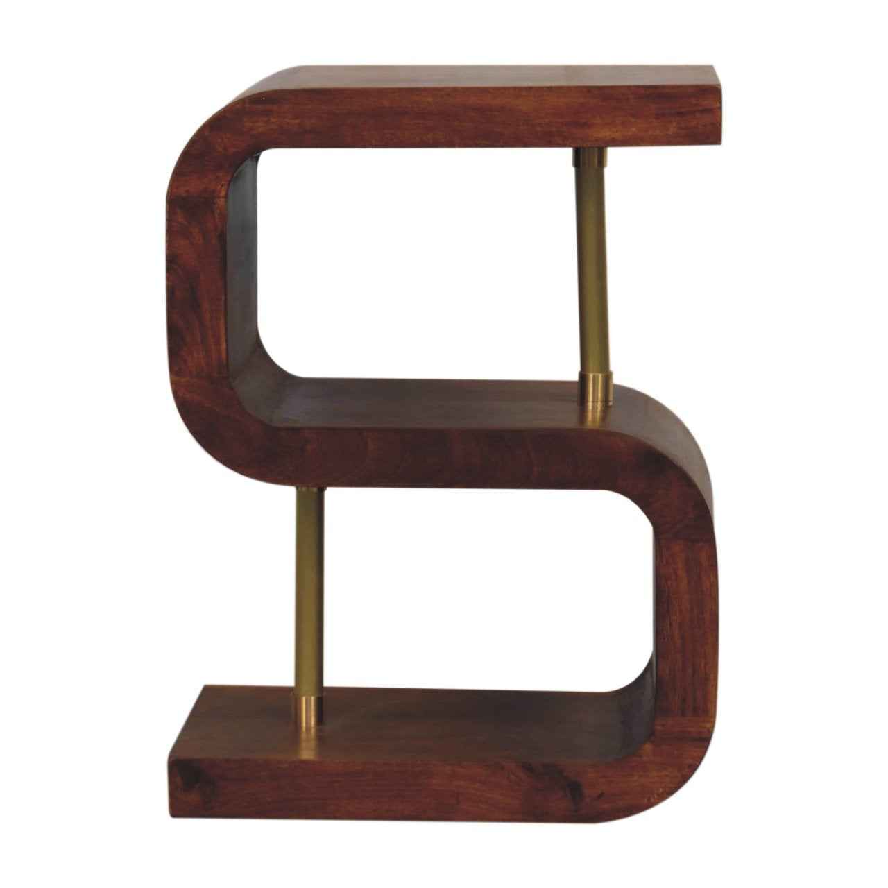 S-curve brass bedside table in dark chestnut solid mango wood with brass vertical supports and sleek s-shaped design