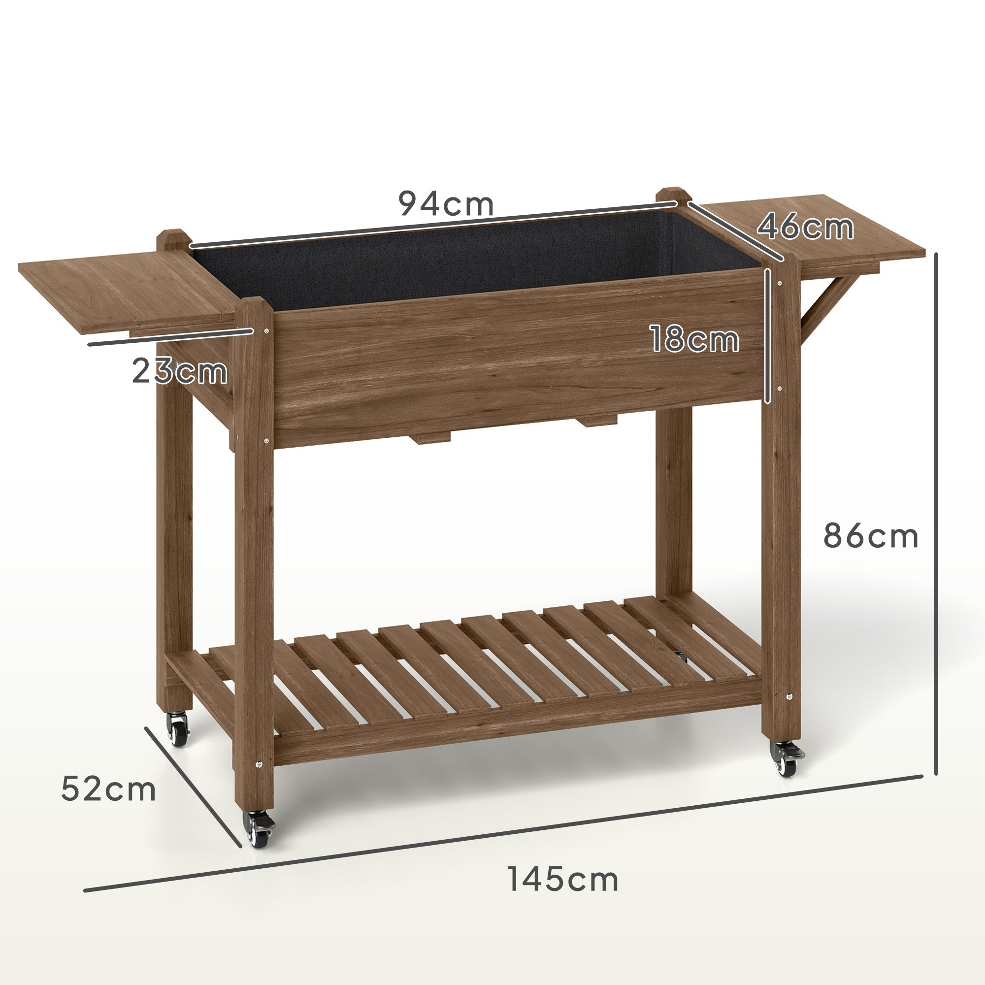 Outsunny Raised Garden Bed, Wooden Elevated Planter Box with Lockable Wheels, Side Tables and Bottom Shelf, Outdoor Planter with Liner and Drainage Holes for Vegetables, Flowers, Fruits, Carbonised