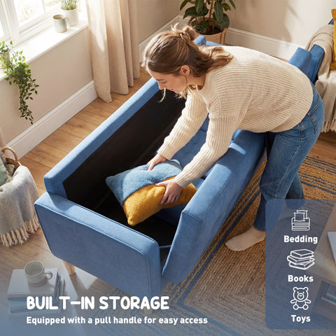 HOMCOM 3 Seater Sofa, 169cm Couch with Hidden Storage, Wood Legs, Blue