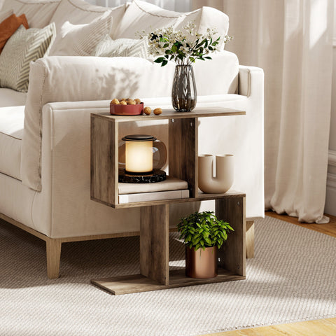HOMCOM Side Table, Narrow End Table with Storage Shelves, S-Shaped, 3-Tier, 50W x 19.5D x 58H cm, Oak