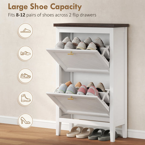 HOMCOM Shoe Cabinet with 2 Flip Drawers, Farmhouse Narrow Shoe Storage Cabinet with Adjustable Shelves, White