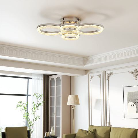 HOMCOM LED Ceiling Light, Modern Dimmable 4 Rings Ceiling Lamp with Wall Switch, 40W 4350lm Flush Mount Ceiling Light with 3500K/4500K/6000K Colour Temperatures for Living Room, Bedroom, Silver Tone