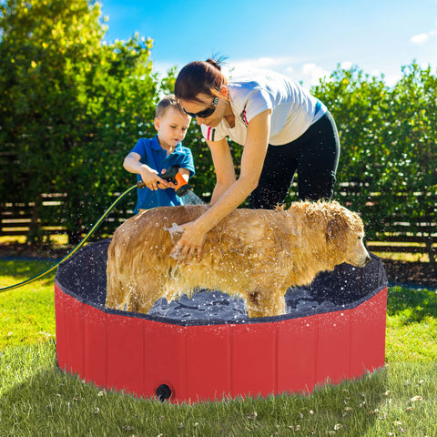 PawHut Foldable Dog Paddling Pool Pet Cat Swimming Pool Indoor/Outdoor Collapsible Summer Bathing Tub Shower Tub Puppy Washer (Φ120 × 30H cm, Red)