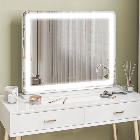 HOMCOM Vanity Mirror with Lights, Large Lighted Makeup Mirror with 3 Colour Lighting Modes, 10X Magnifying, USB Charging Port, Touch Screen, Tabletop or Wall Mounted Design for Bedroom, White