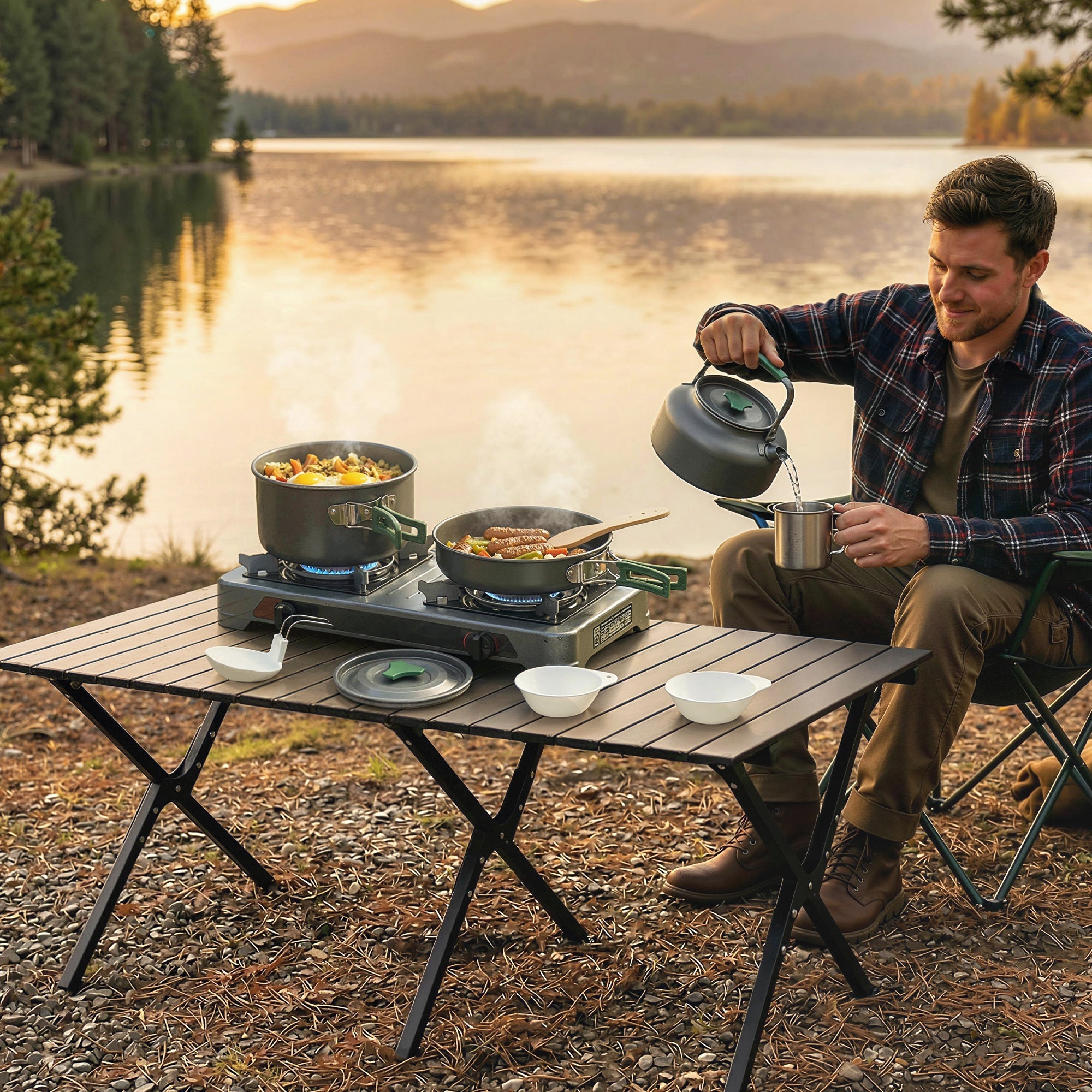 Outsunny Camping Cookware Set for 2-3 People, Ultralight Aluminium Camping Cooking Kit with Anti-Scald Handles, Grey