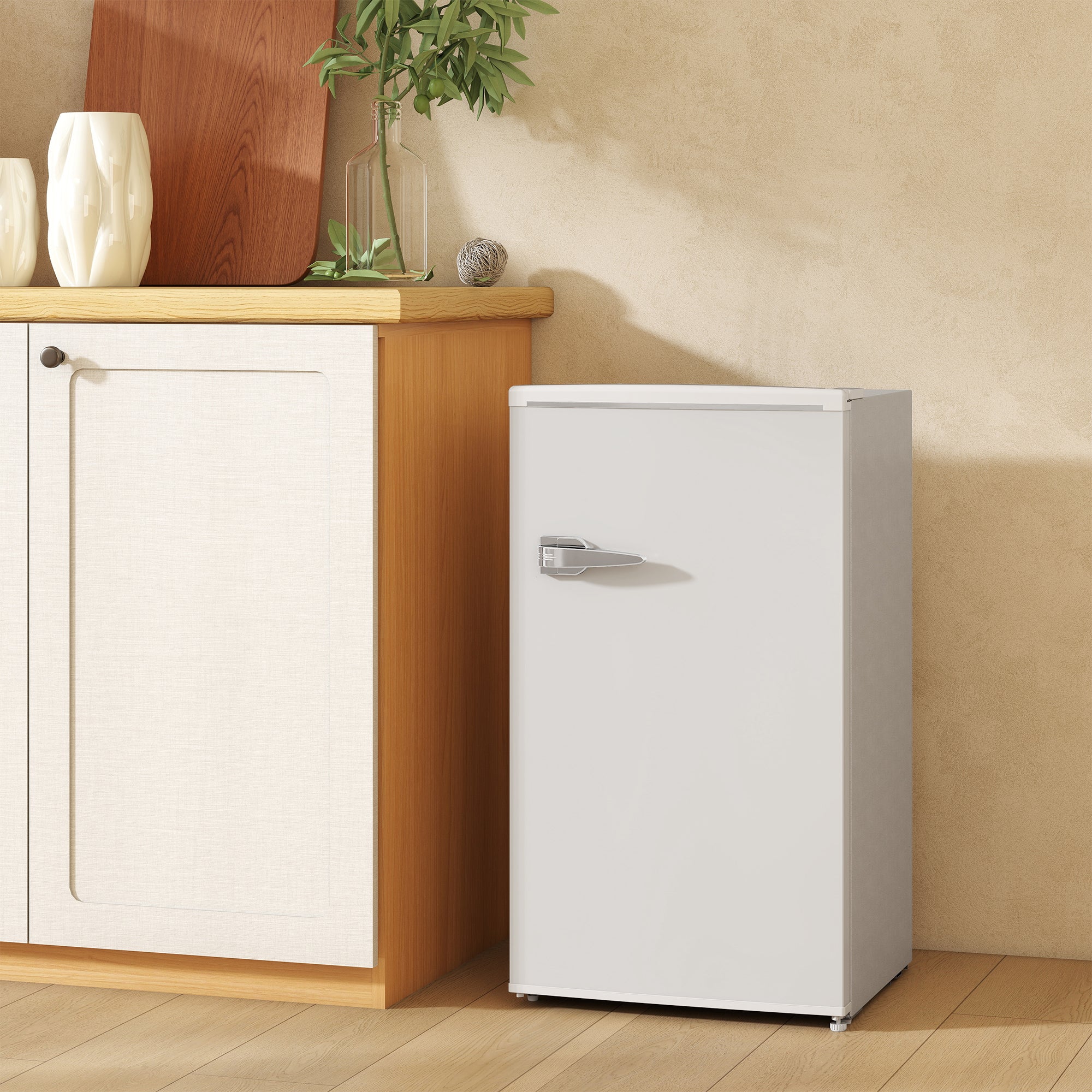 HOMCOM Under Counter Fridge, 85L Small Retro Refrigerator with Chiller Box, Adjustable Thermostat, Glass Shelves, White