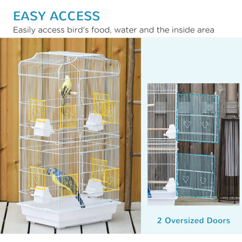 PawHut Large Metal Bird Cage with Perches, Food Bowls, Swing for Budgie, Parakeet, 46.5 x 35.5 x 92cm,White