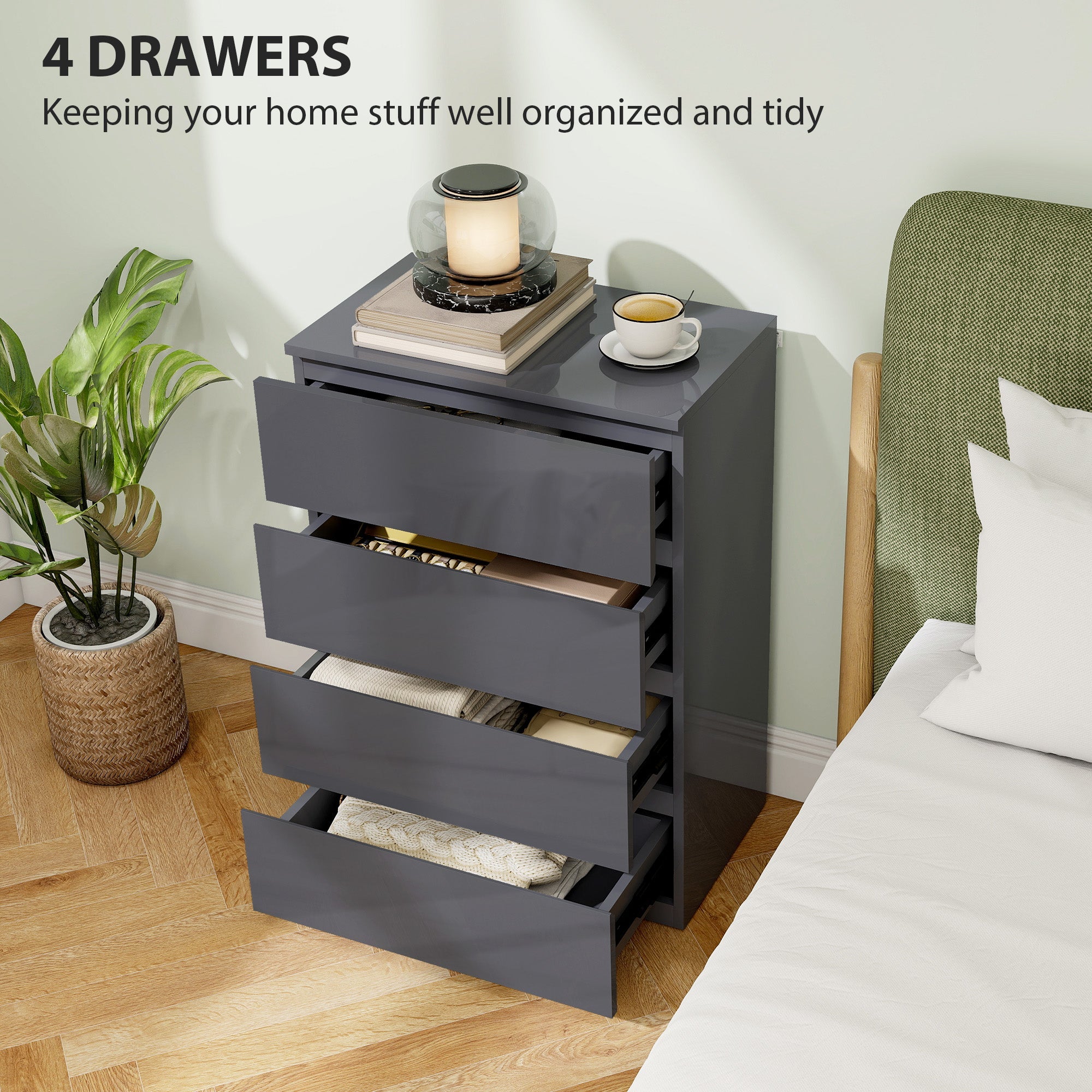 HOMCOM High Gloss Chest of Drawers, 4-Drawer Storage Cabinets, Modern Dresser for Bedroom, Grey