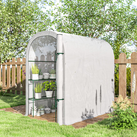 Outsunny Walk-in Greenhouse with Shelves, Small Greenhouse with PE Cover and Roll-up Door, 123 x 187 x 189 cm, White