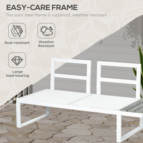Outsunny 4 Pieces Patio Garden Set with 5-Level Recline Corner Sofa, Outdoor Garden Lounge Sectional Conversation Sofa Set with Cushions, Wood Grain Plastic Table, White  Frame Grey Cushion
