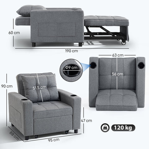 HOMCOM 3-in-1 Single Sofa Bed, Convertible Sleeper Chair Bed - Dark Grey