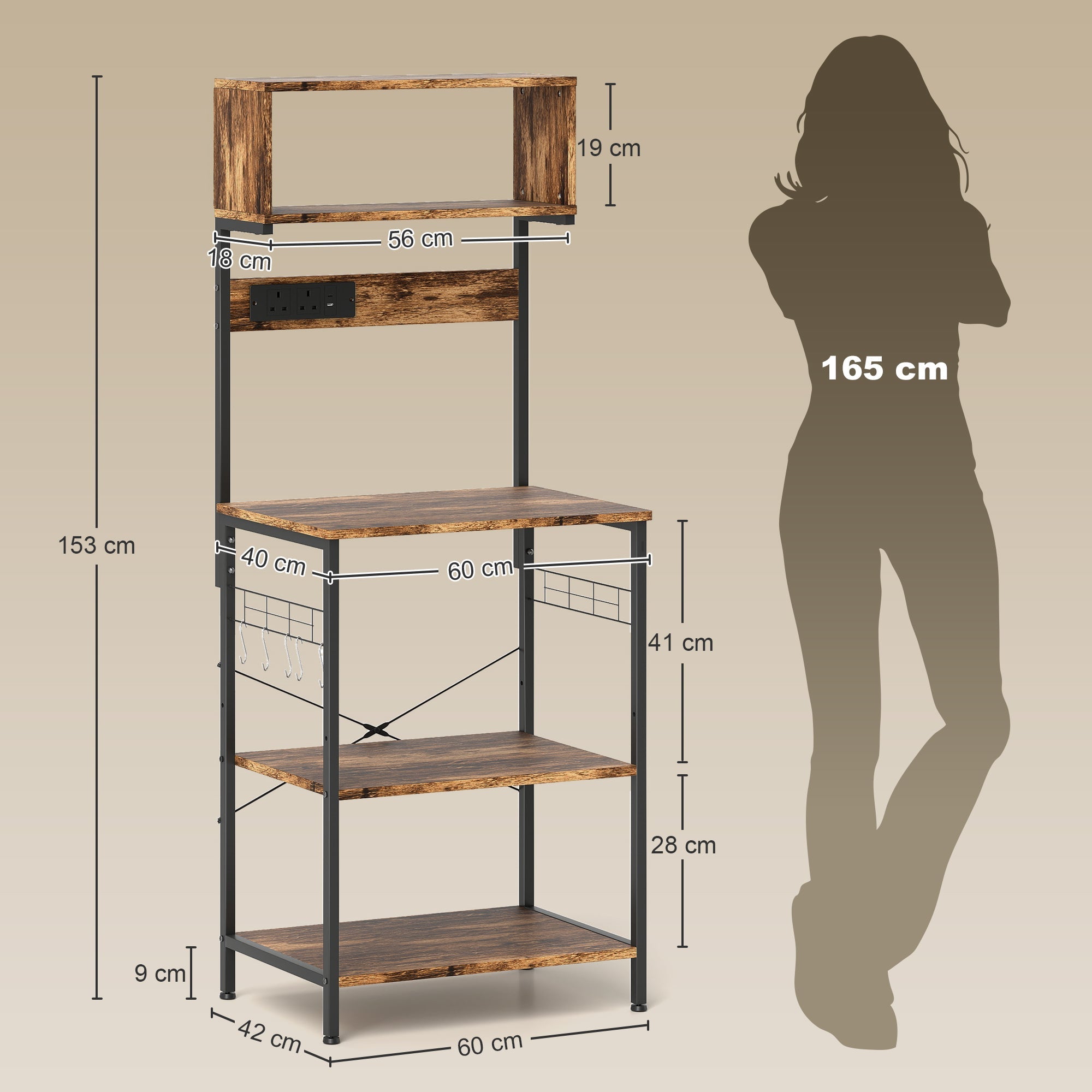 HOMCOM Kitchen Storage Rack, Bakers Rack with Power Outlet, USB Charger, Rustic Brown