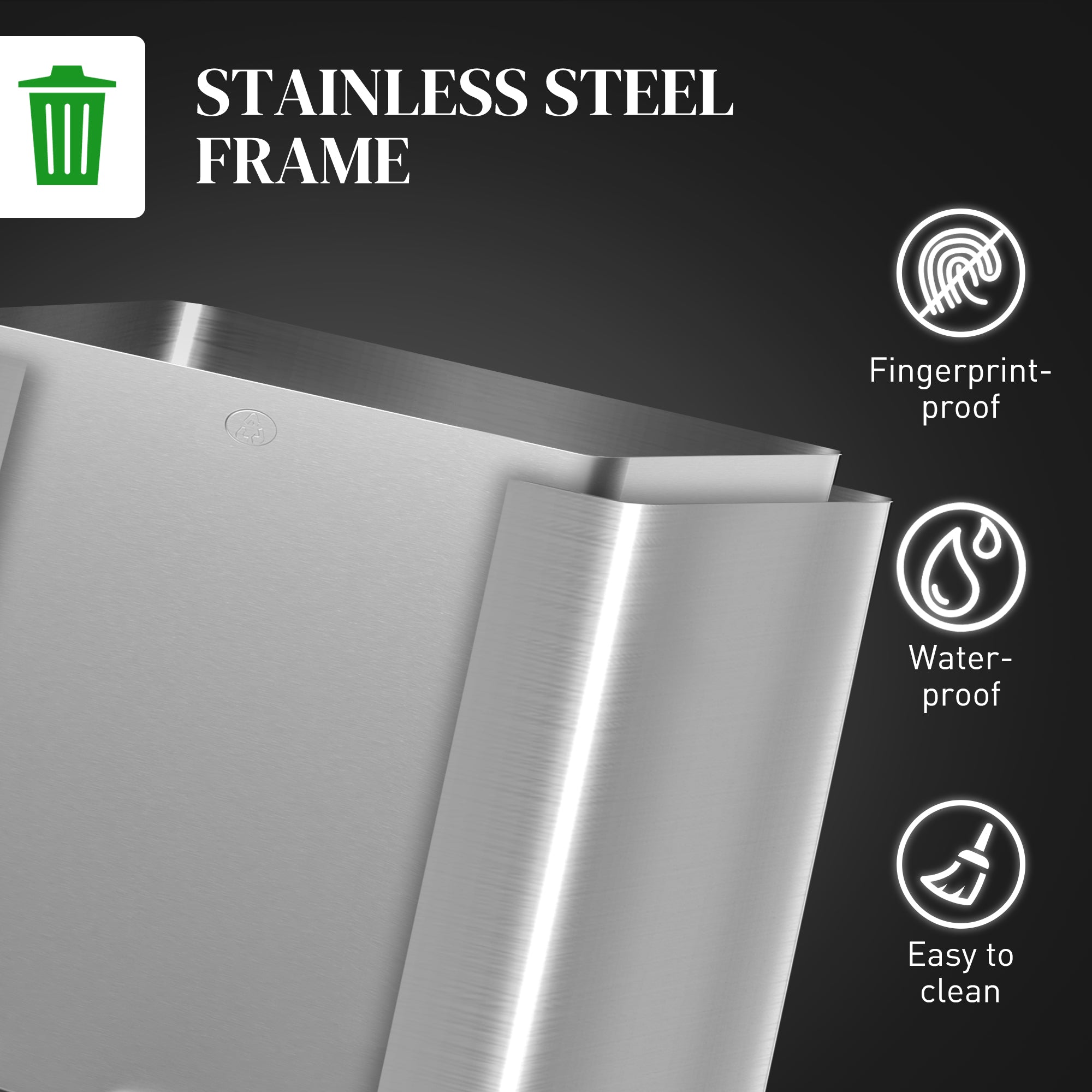 HOMCOM 3 x 20L Pedal Bin, Steel Triple Kitchen Bin with Soft Close Lid, Removable Inner Buckets, Fingerprint-Proof, Silver Tone