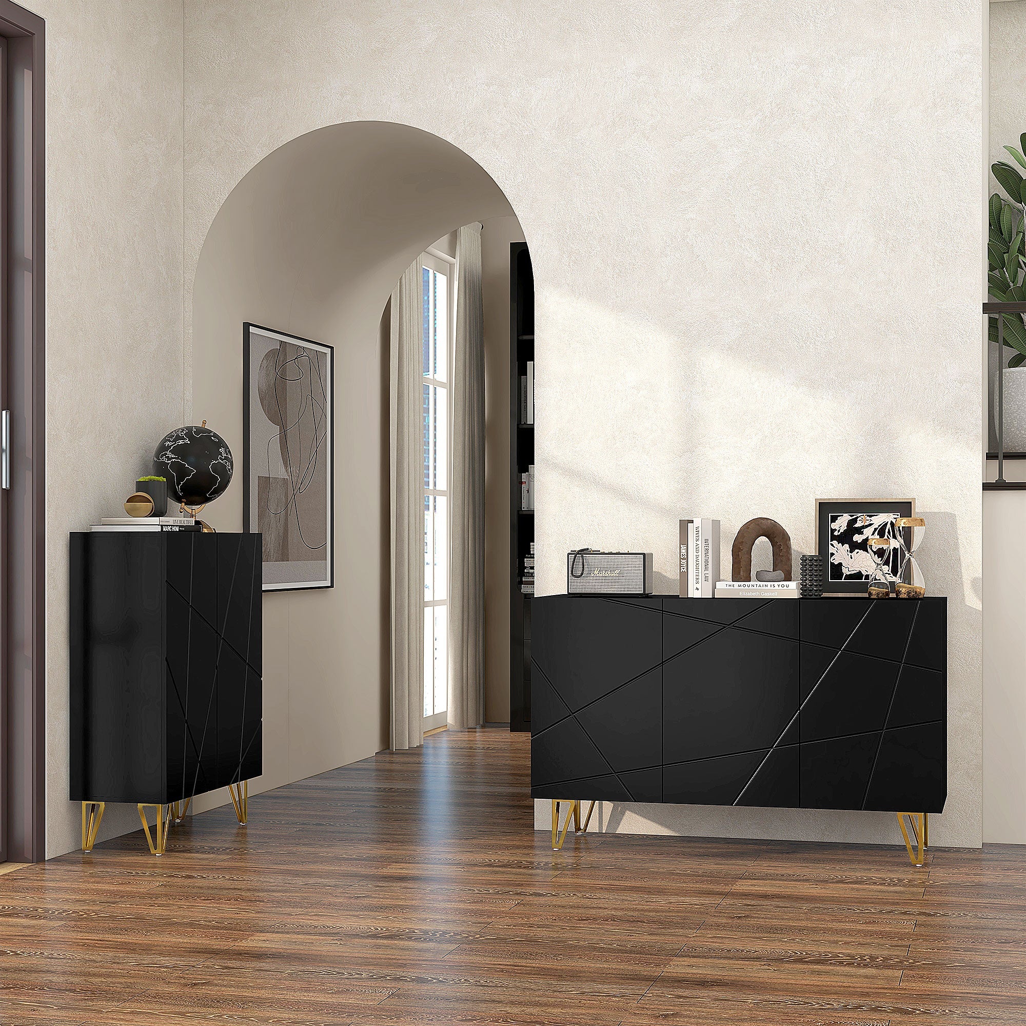 HOMCOM Modern Luxe High Gloss Sideboard with Golden Hairpin Legs, Black