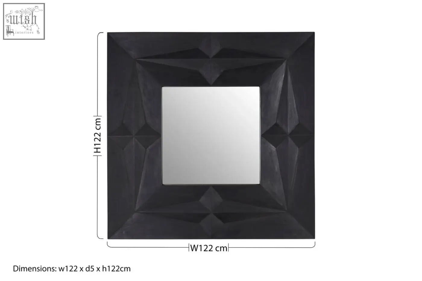 Sabari black finish square wall mirror with a geometric faceted frame for stylish square wall decor
