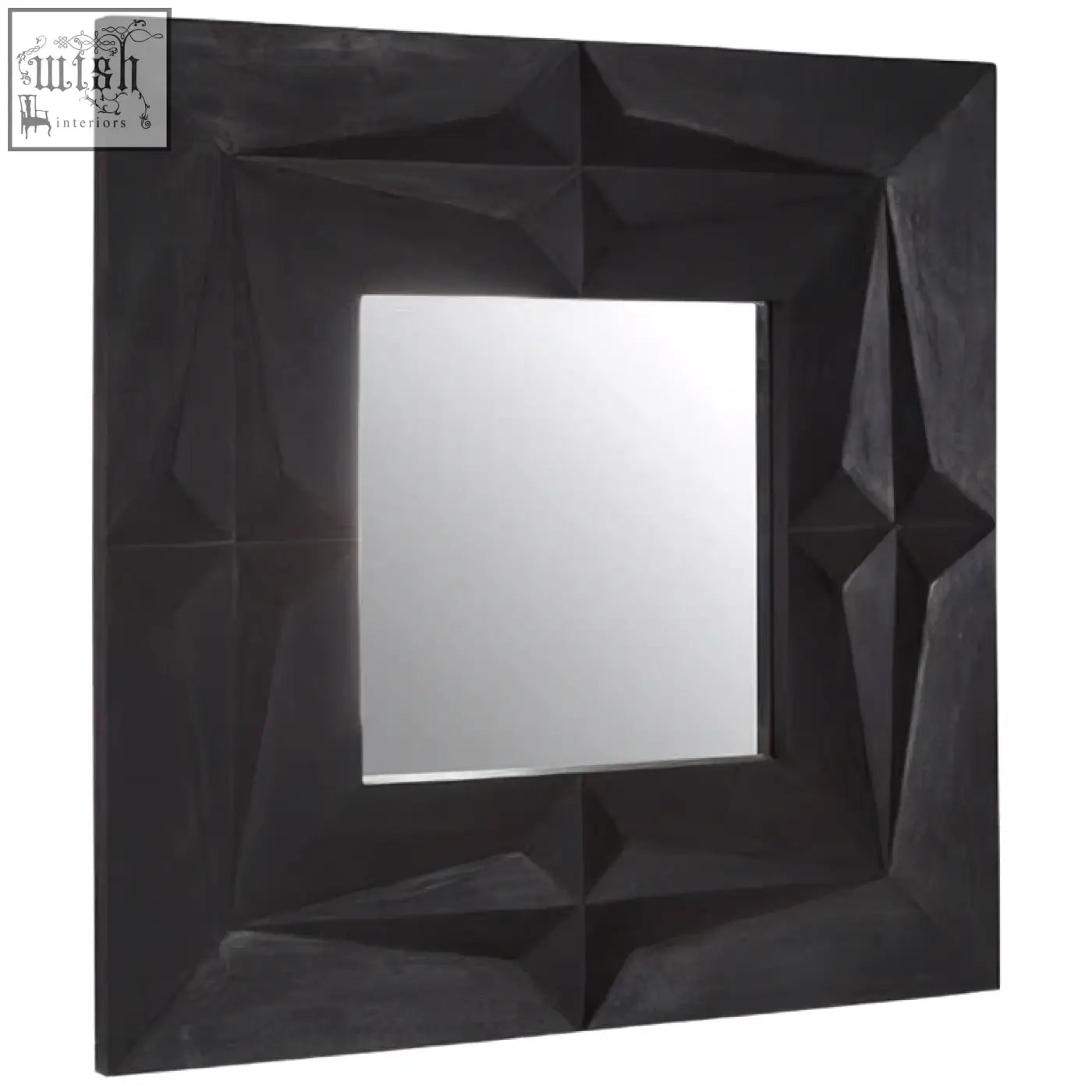Sabari black finish square wall mirror with a textured geometric black frame perfect for any square wall space