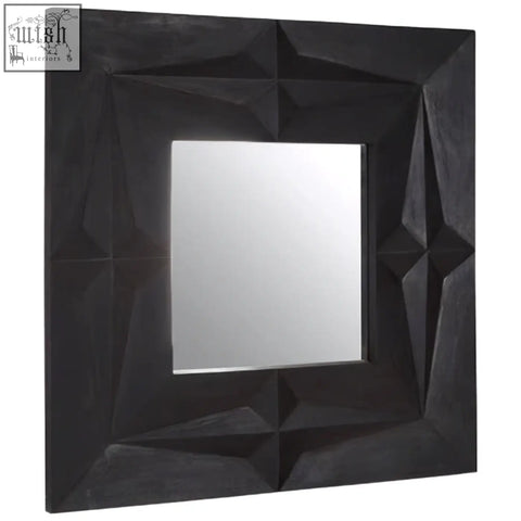 Sabari black finish square wall mirror with a textured geometric black frame perfect for any square wall space
