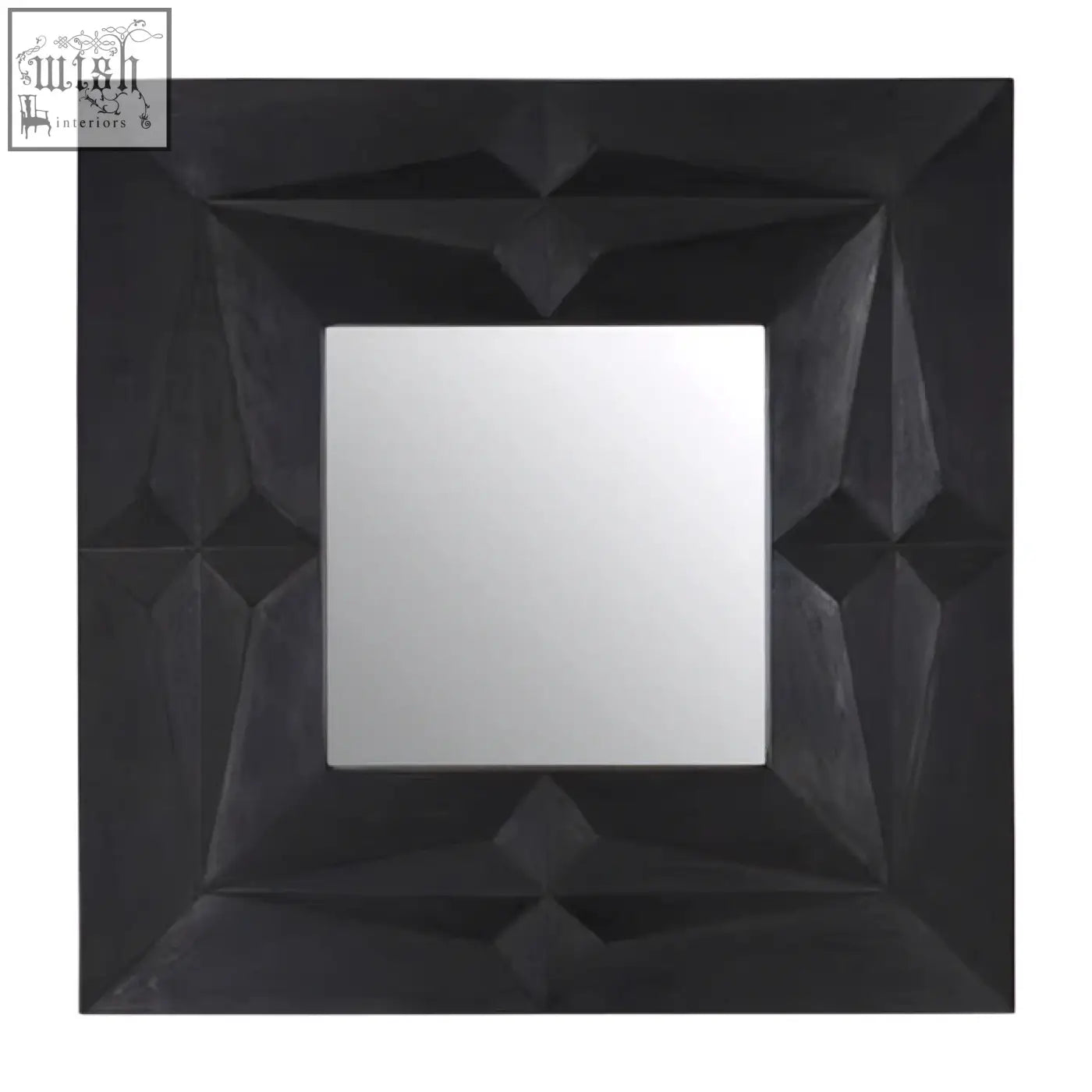 Sabari black finish square wall mirror with geometric matte black frame and angular faceted design for wall decor