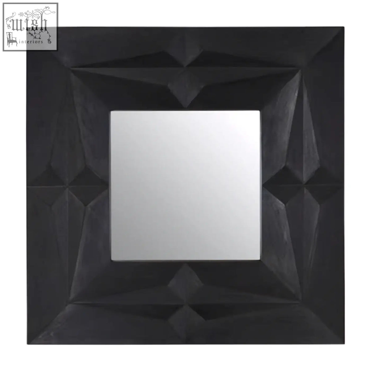 Sabari black finish square wall mirror with geometric matte black frame and angular faceted design for wall decor