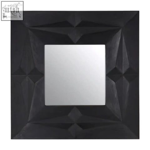 Sabari black finish square wall mirror with geometric matte black frame and angular faceted design for wall decor