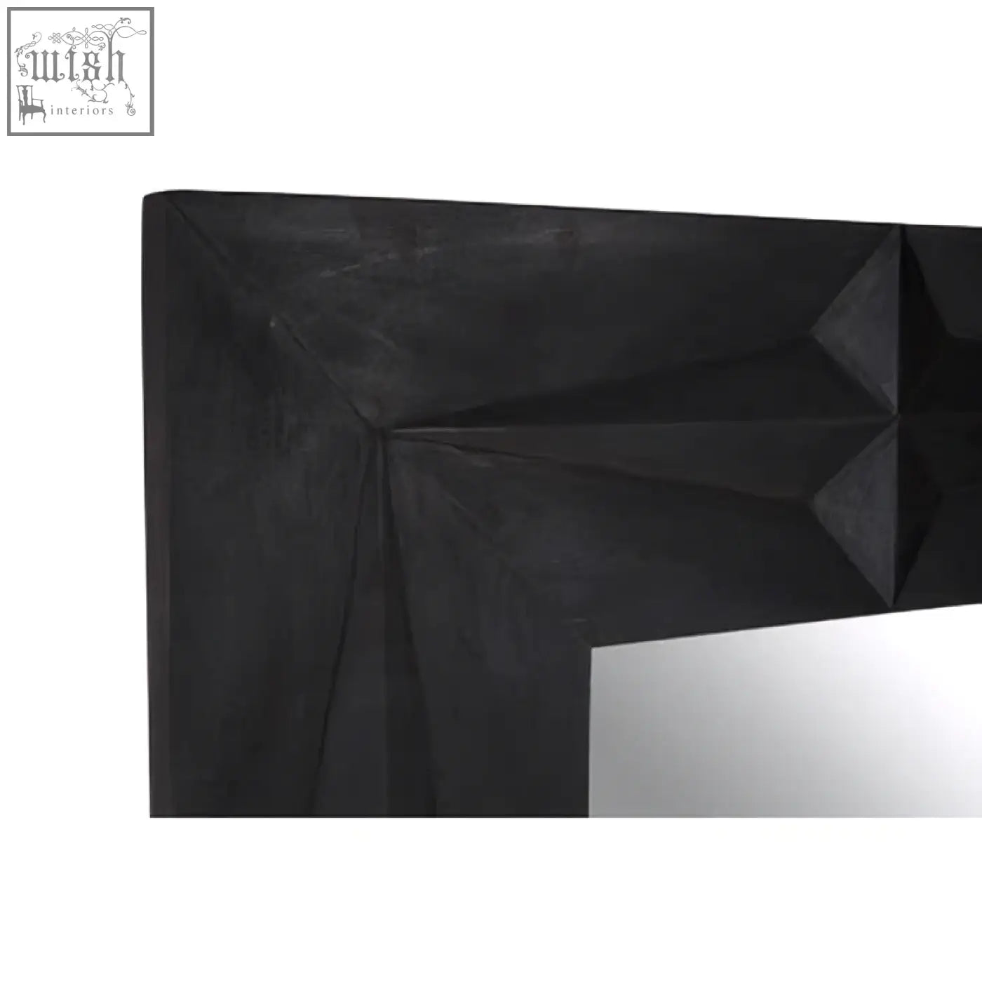Sabari black finish square wall mirror with geometric matte black frame and angular faceted design for wall decor