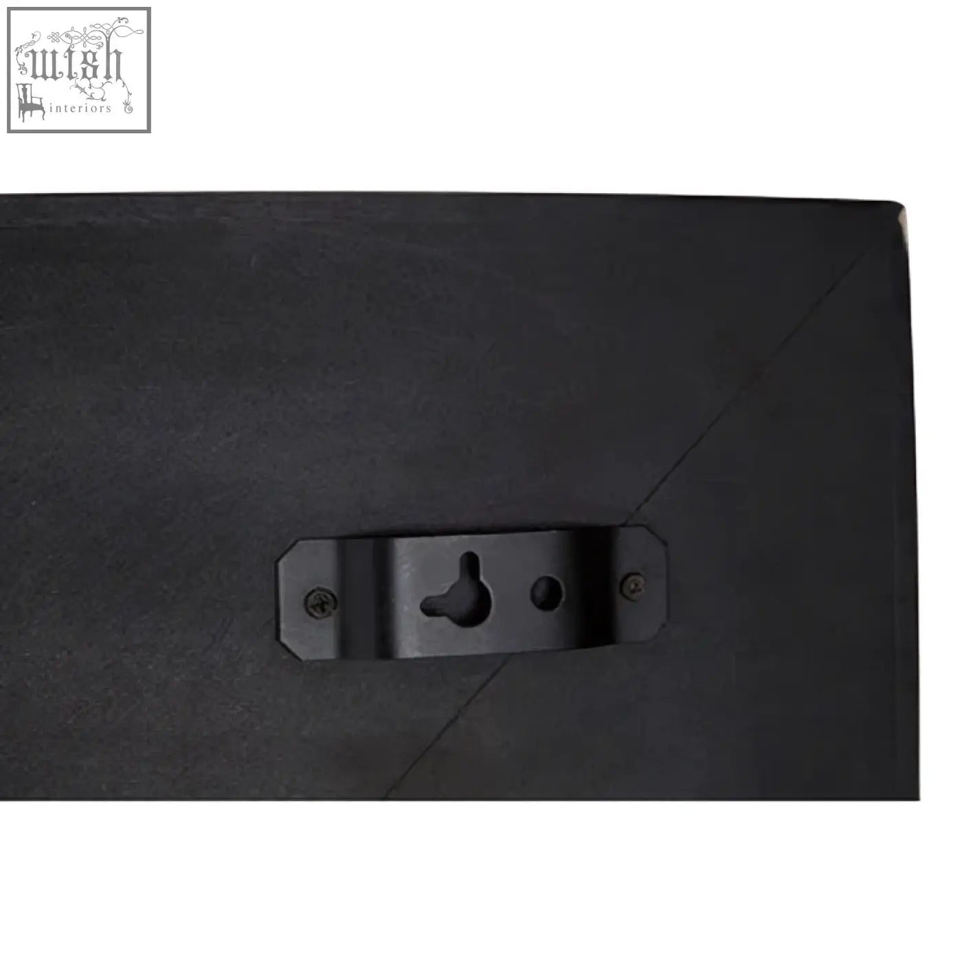 Back side of sabari black finish square wall mirror showing black metal hanging hardware with keyhole slot and screws