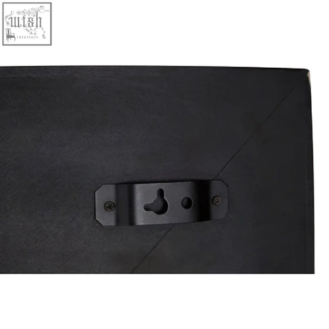 Back side of sabari black finish square wall mirror showing black metal hanging hardware with keyhole slot and screws