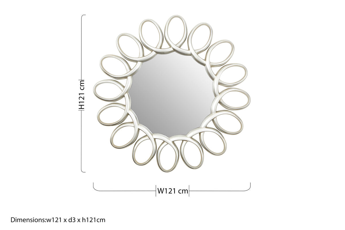 Silver circular sabatino wall mirror with ornate interlocking oval frame perfect for stylish living rooms