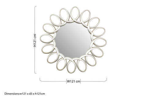 Silver circular sabatino wall mirror with ornate interlocking oval frame perfect for stylish living rooms