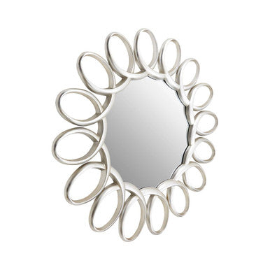 Silver oval sabatino wall mirror with decorative interlocking circular frame for stylish wall decor