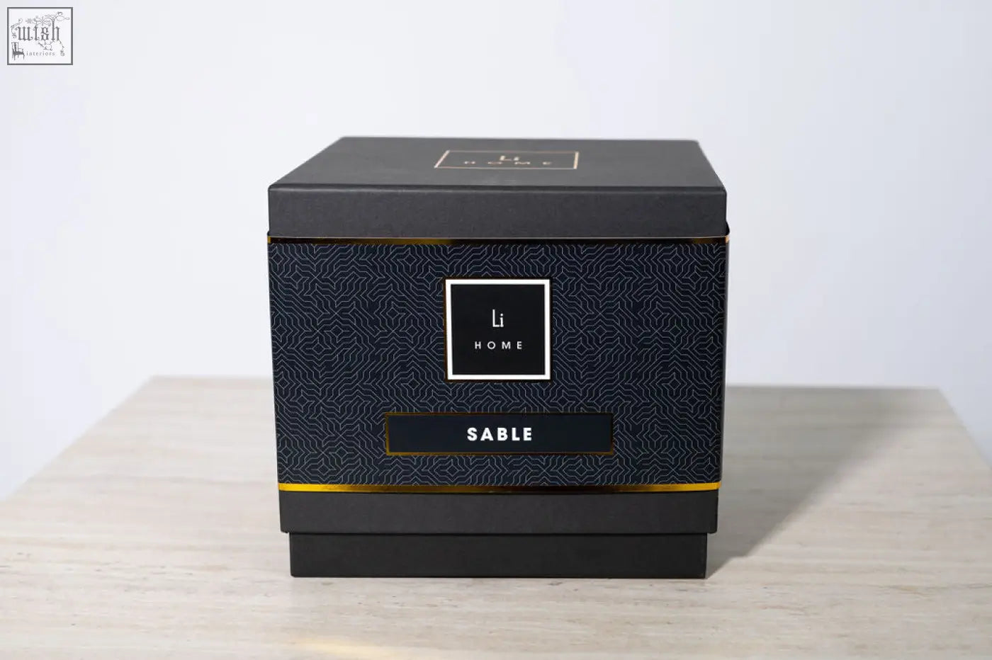 Black rectangular li home sable 3 wick luxury candle with gold trim and geometric pattern from large candle collection