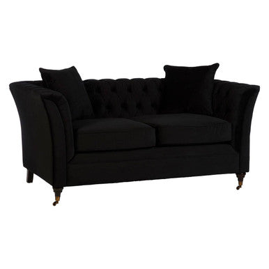 Black velvet tufted sabrina 2-seat onyx sofa with rolled arms and dark wooden legs for stylish seating