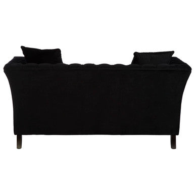 Black velvet sabrina 2-seat onyx sofa with tufted back and matching throw pillows perfect for stylish seating