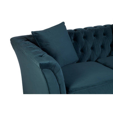 Deep teal velvet sabrina two seat sofa with tufted back and armrests featuring a matching cushion