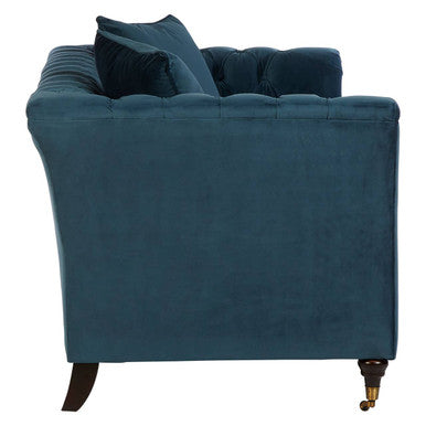 Deep teal velvet sabrina two seat sofa with tufted back and dark wooden legs for cozy living spaces