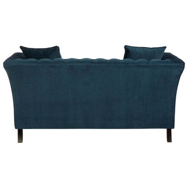 Deep teal velvet sabrina two seat sofa with tufted back and matching throw pillows for cozy seating