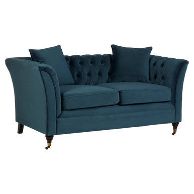 Teal velvet tufted sabrina two seat loveseat with rolled arms and dark wooden legs in midnight velvet upholstery