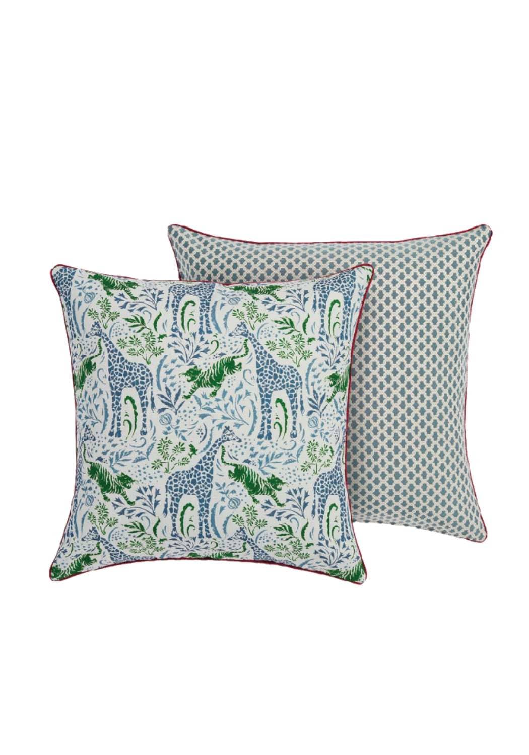 Square safari scene cushion with blue and green giraffes and foliage on light fabric with red piping edges